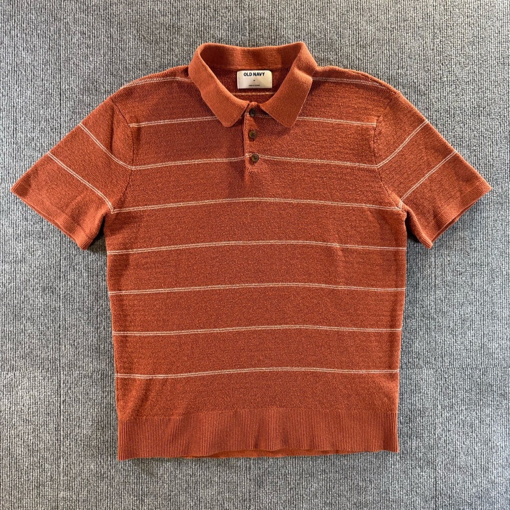 Old Navy Rust Orange Striped Knit Polo Shirt Medium Grandpa Core 70s Retro